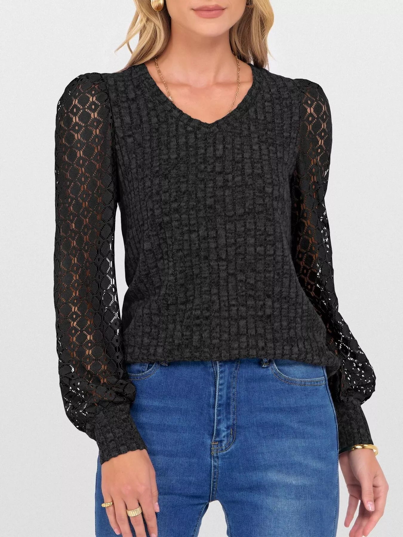 Lace Sleeve V-Neck T-Shirt