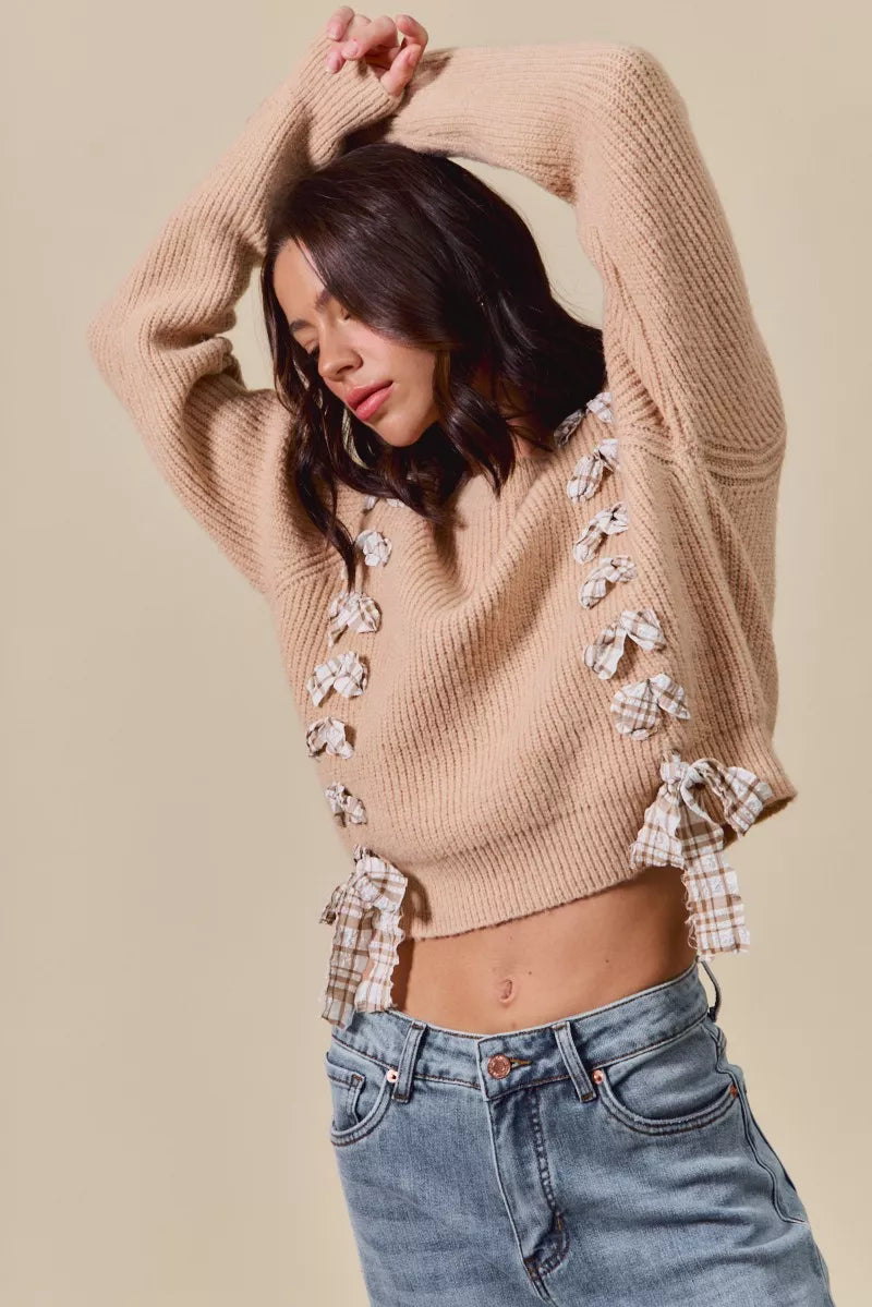 Checkered Plaid Tape Lace Up Ribbed Sweater