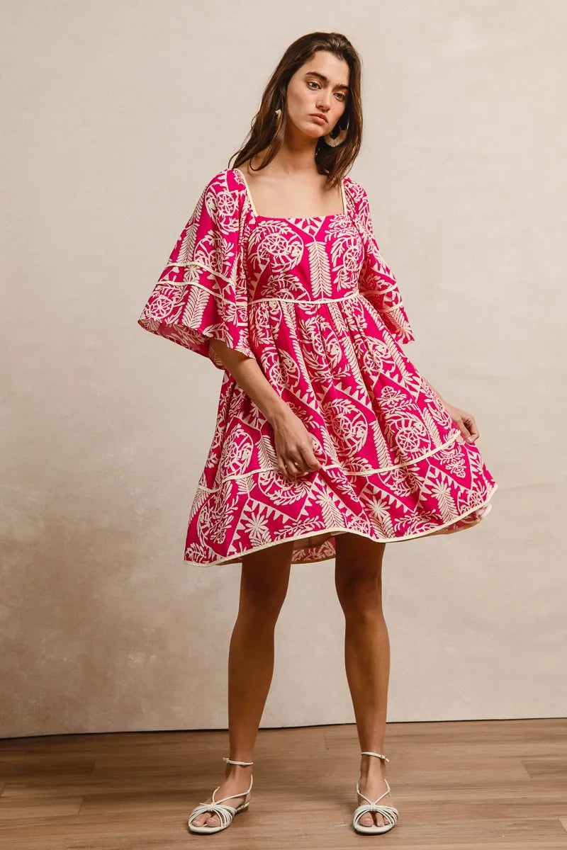 BiBi Aztec Woven Printed Contrast Binding Dress