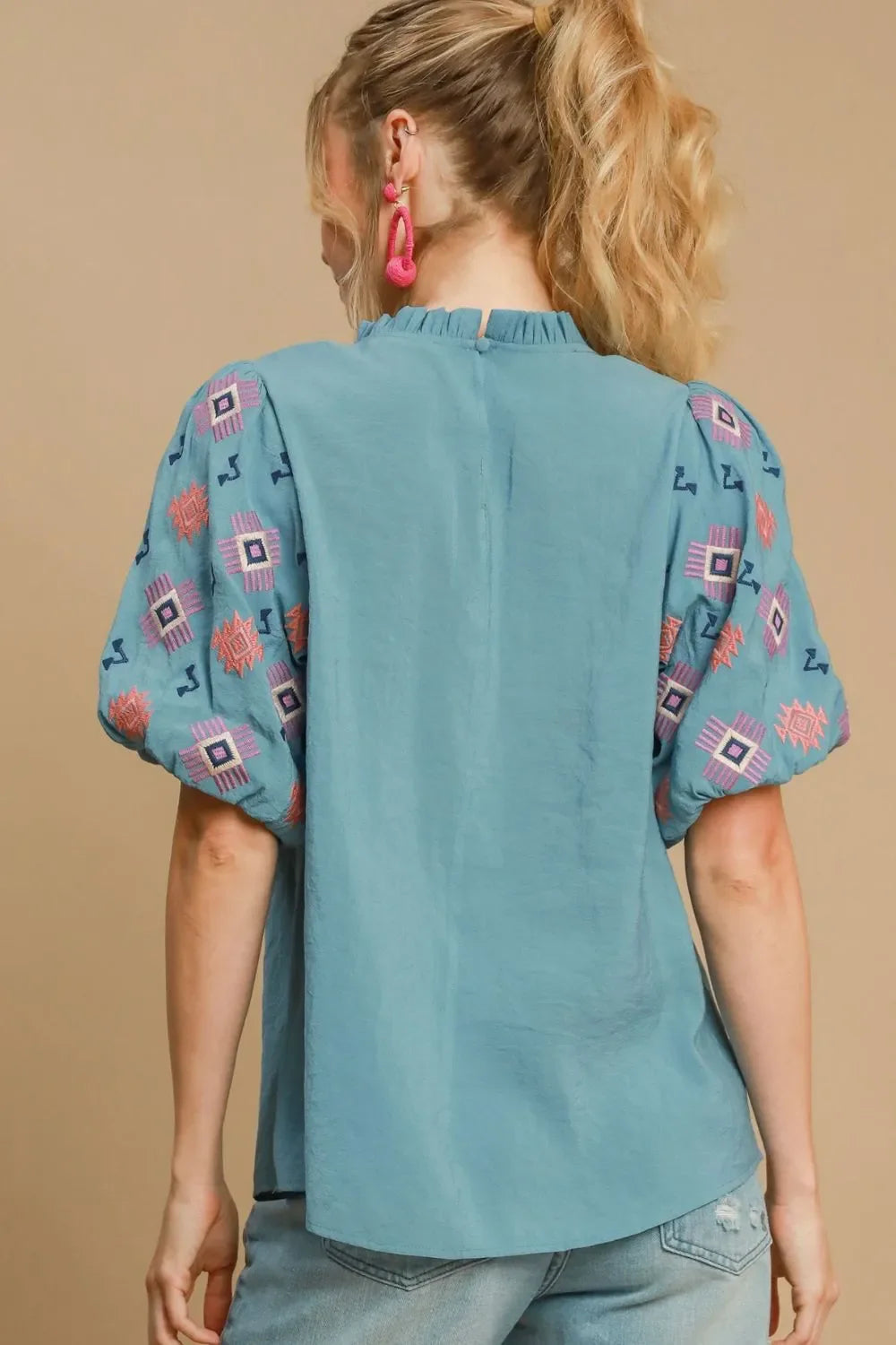 Umgee Full Size Embroidered Puff Sleeve Mock Neck Top Plus Size