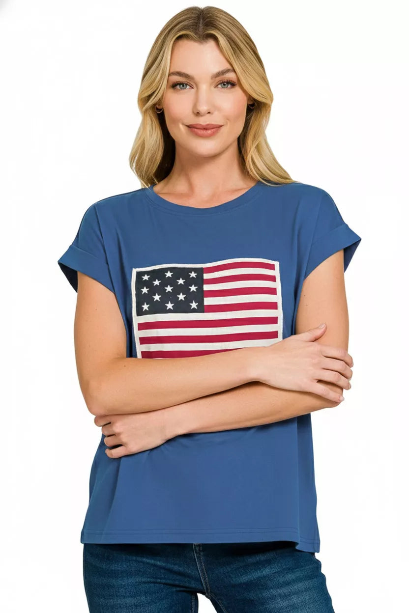 Full Size US Flag Round Neck Short Sleeve T-Shirt Plus Size