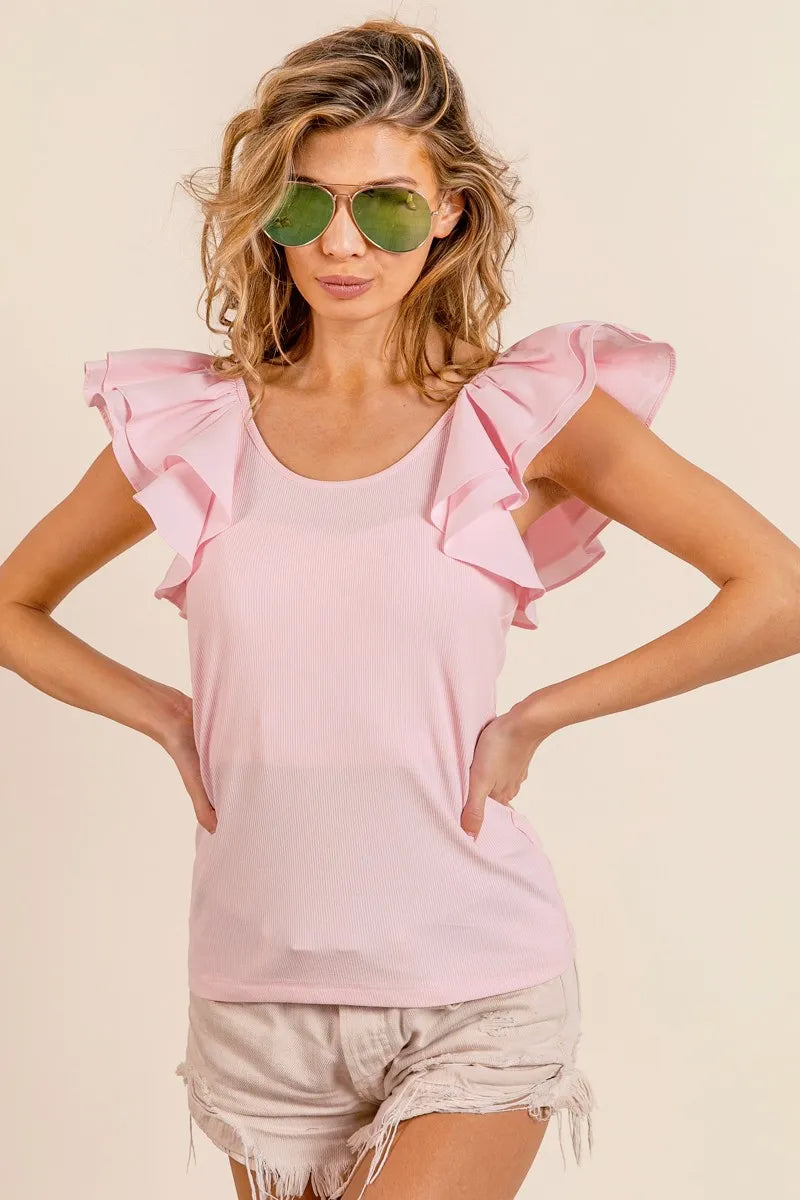 BiBi Wide Layered Ruffle Sleeve Scoop Neck Ribbed Top