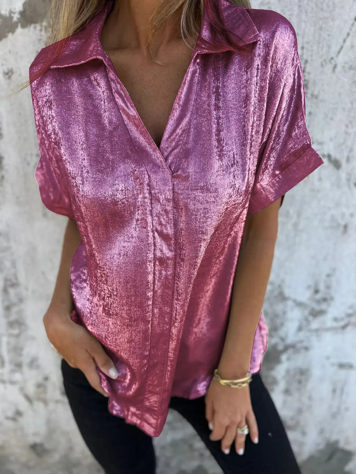 Women Full Size Collared Neck Short Sleeve Shirt Plus Size