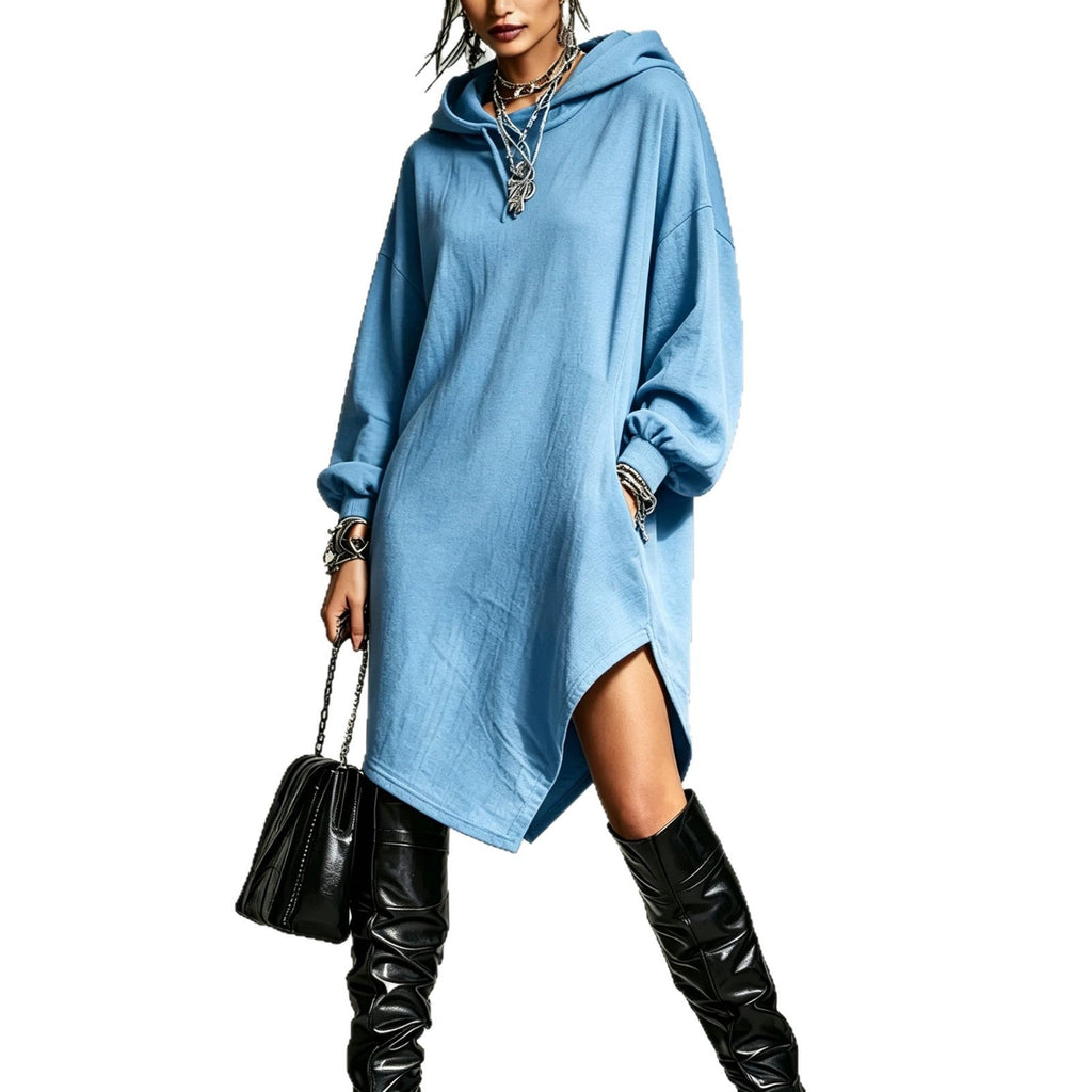 Womens Solid-Color Irregular Side-Slit Hooded Sweatshirt Dress