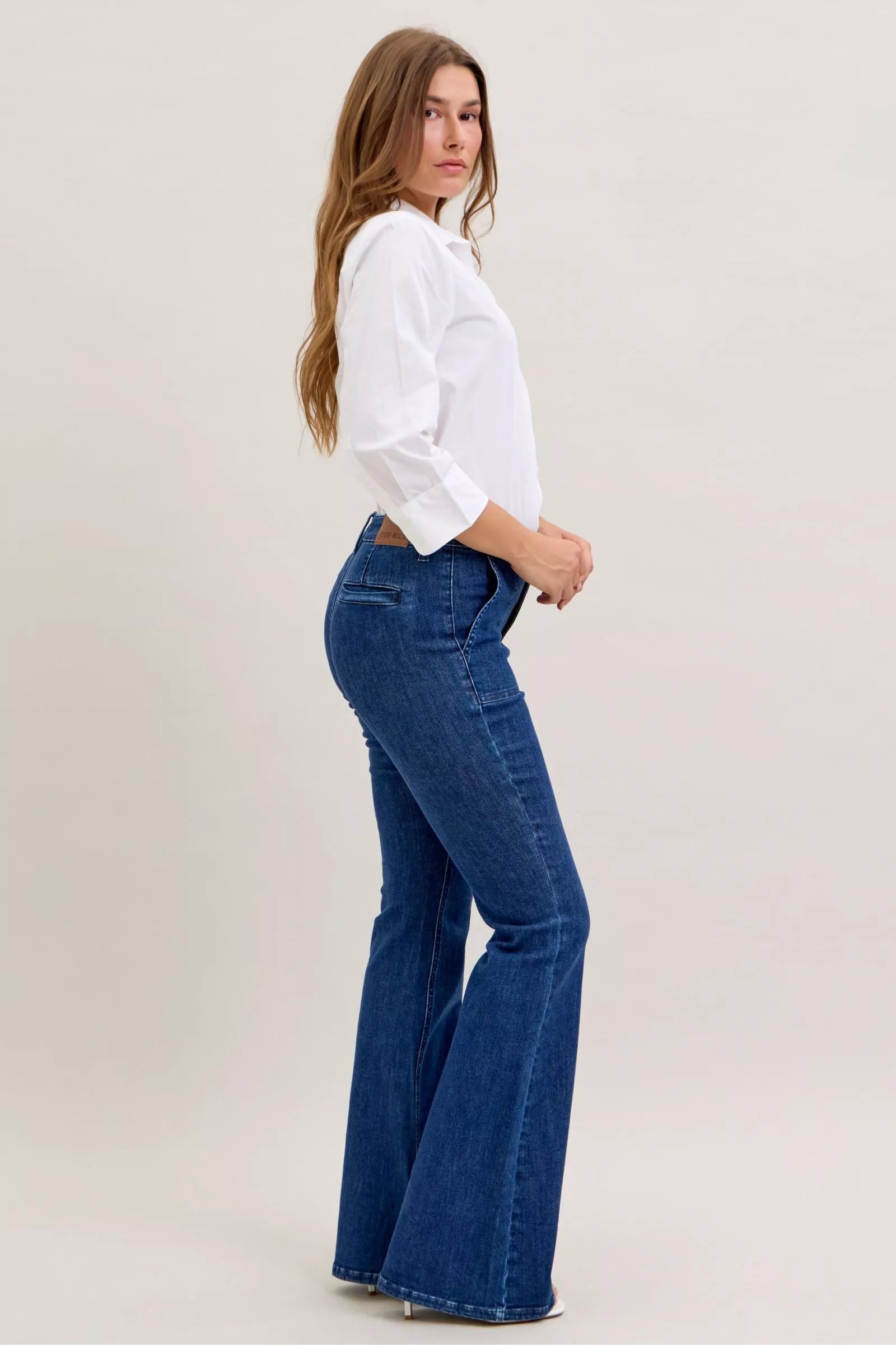 High Waist Flare Jeans with Front Patch Pockets