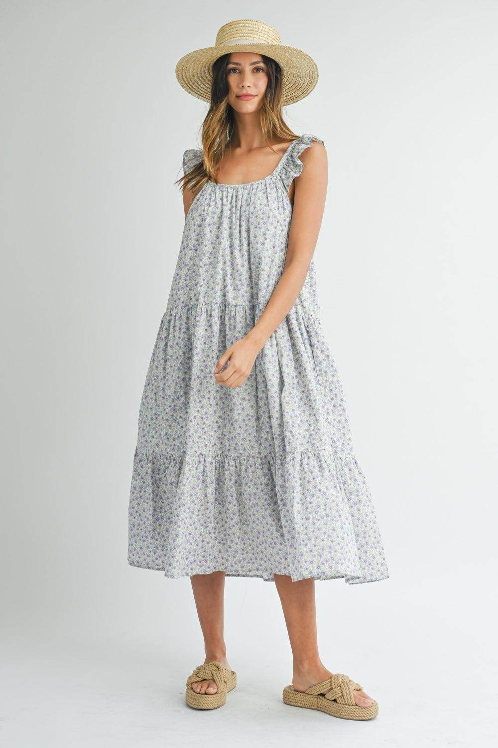 MABLE Floral Ruffle Shoulder Tiered Midi Dress for Women