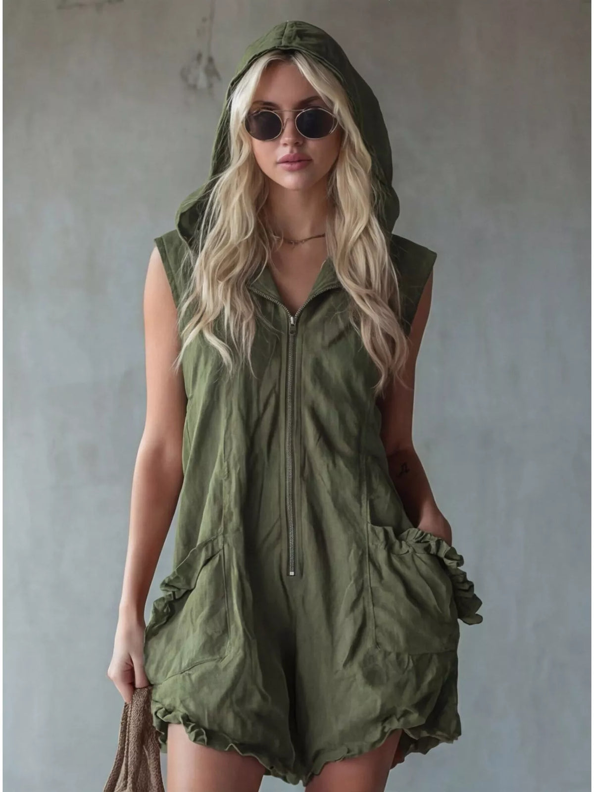 Full Size Hooded Sleeveless Zipper Romper with Ruffled Pockets Plus Size
