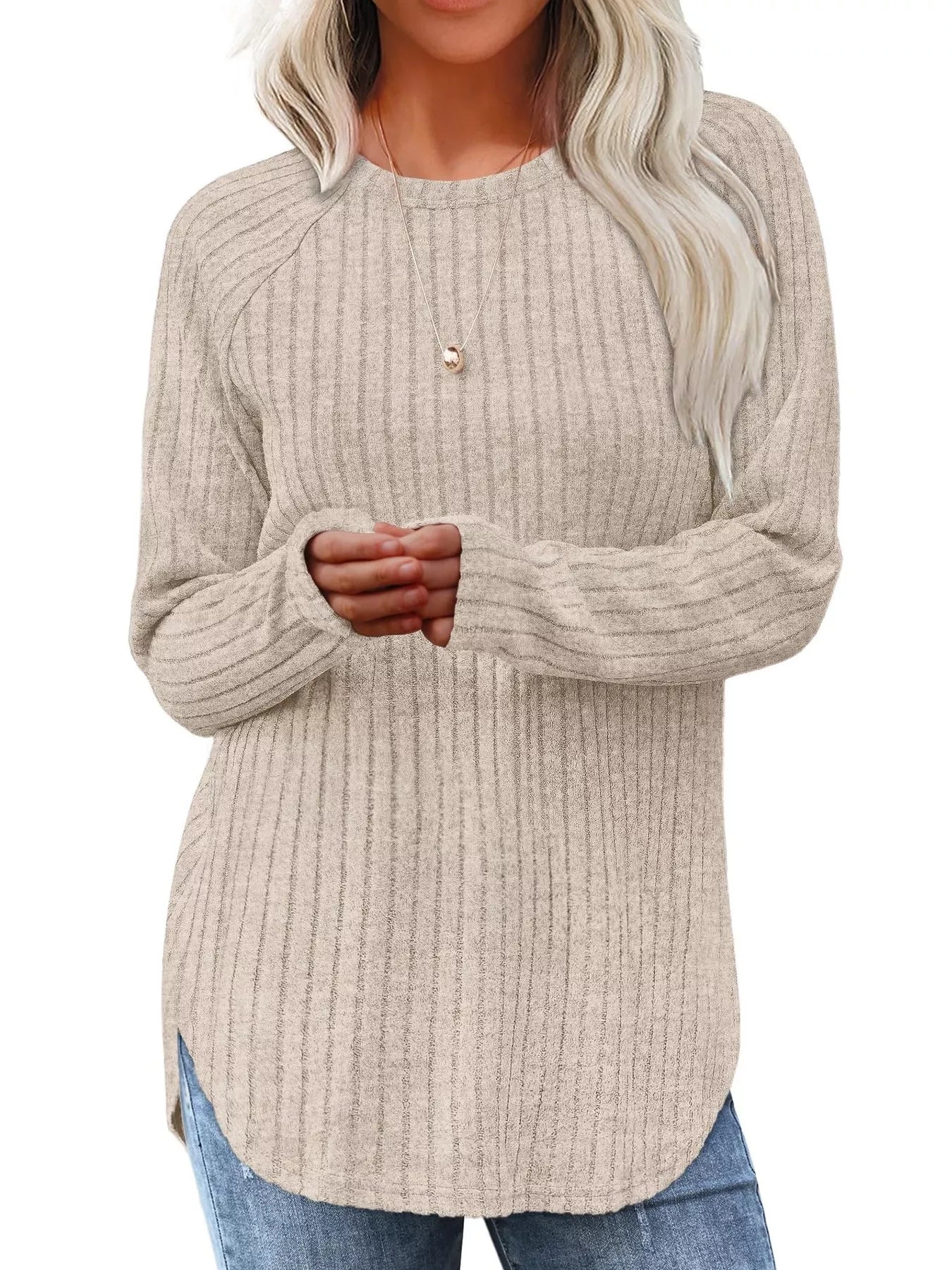 Ribbed Knit Long Sleeve T-Shirt