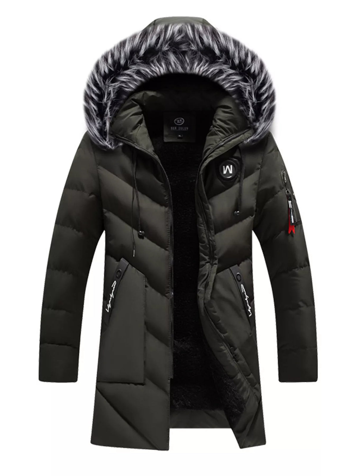 Men's Plus Size Longline Padded Winter Coat with Faux Fur Hood