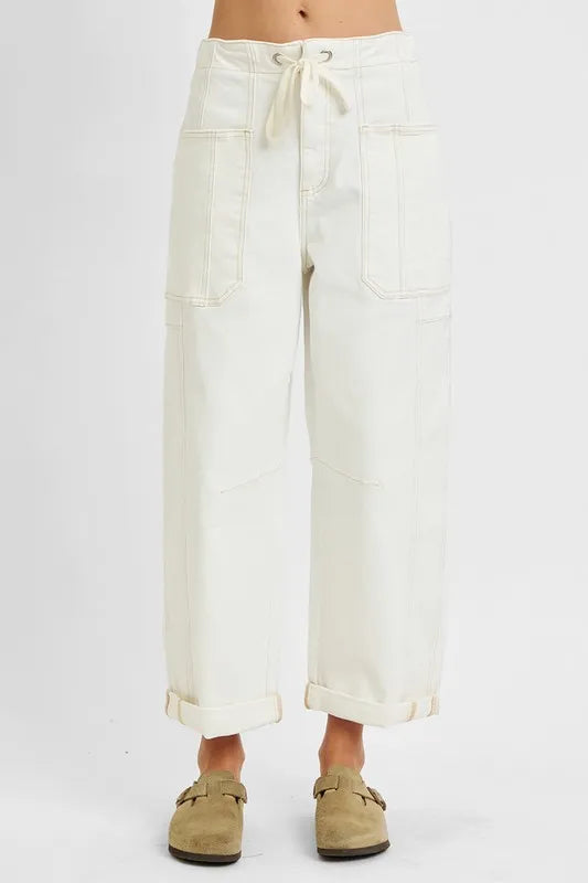 RISEN Full Size High Rise Crop Wide Barrel Cargo Pocket Jeans Plus Size