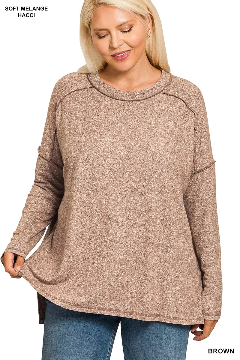 Zenana Full Size Melange Hacci Exposed Seam Hi-low Tee Plus Size