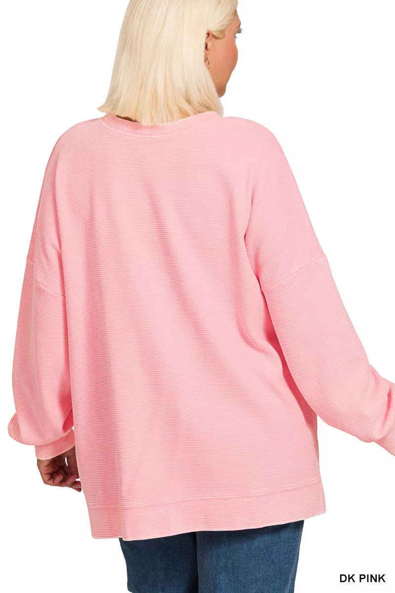 Full Size Acid Washed Double Ribbed Hi-low Sweatshirt Plus Size