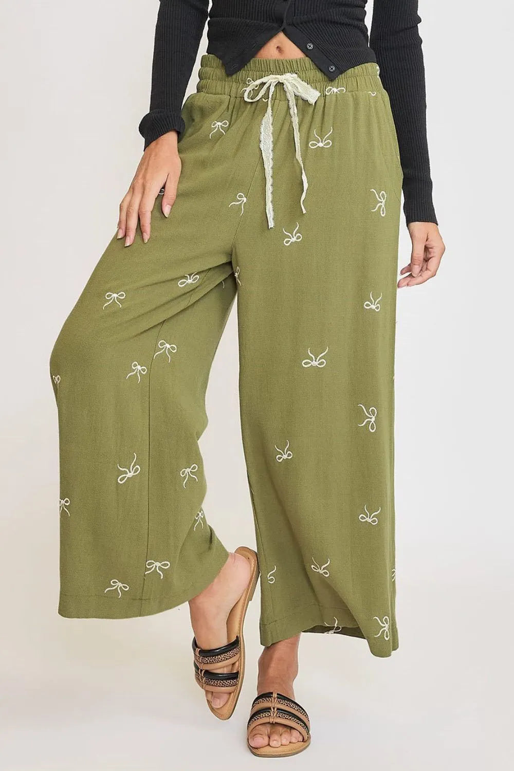 Full Size Lace Drawstring Embroidered Bow Wide Leg Pants Plus Size
