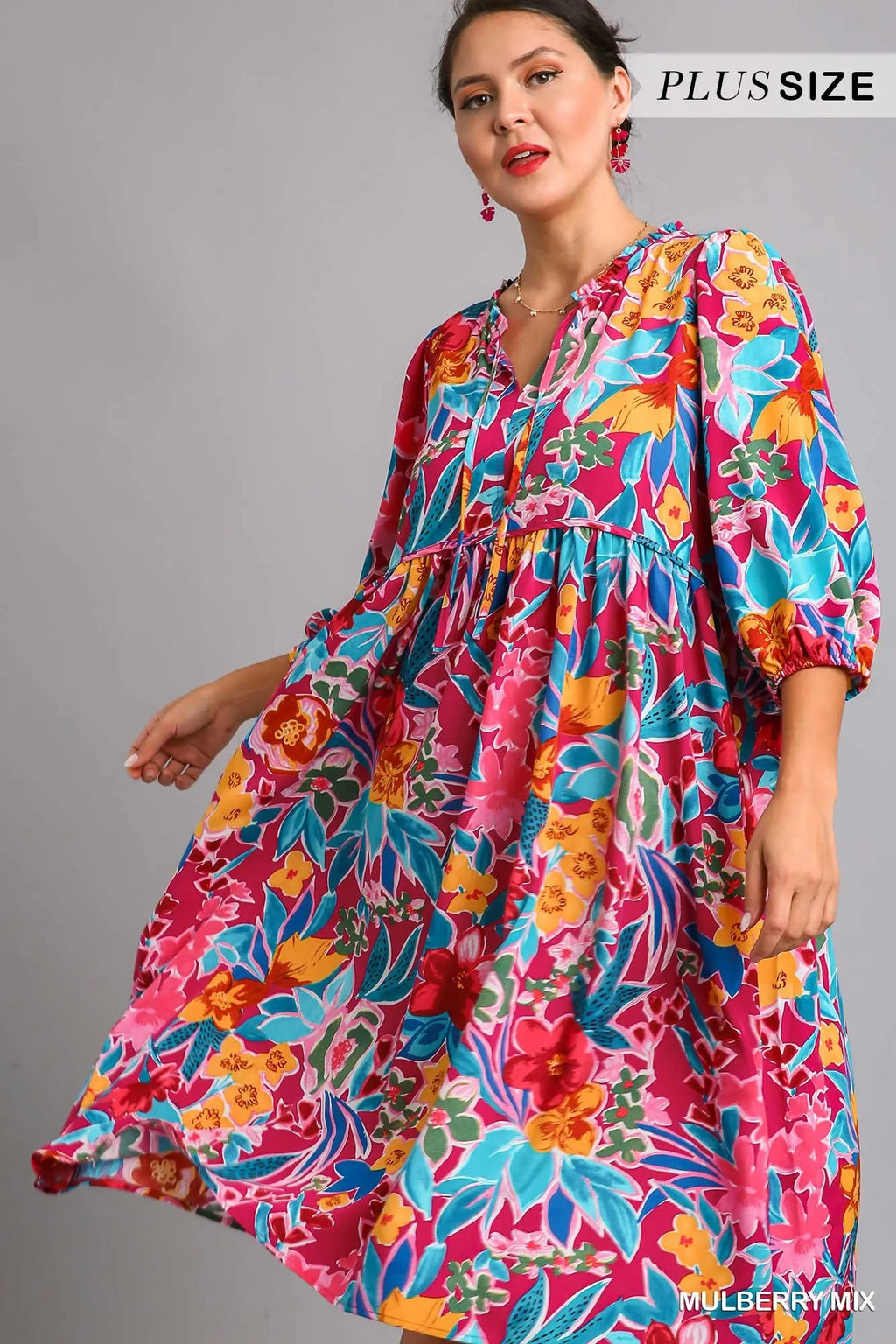 Umgee Full Size Floral Print Tie Neck Midi Dress with Pockets Plus Size