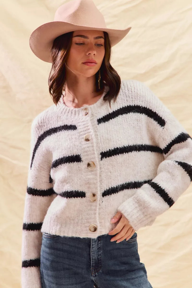 Stripe Soft Touch Button Cozy Sweater Cardigan