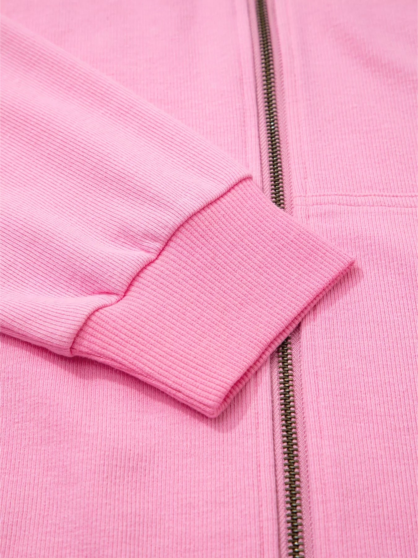 Solid Color Ribbed Zip Up Drawstring Hooded Jacket