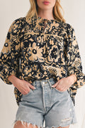 Black Boho Floral Smocked V Neck Bracelet Sleeve Blouse