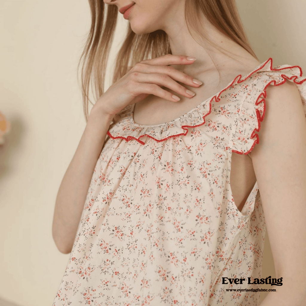 Floral Ruffle Lounge Pajamas Nightgown Dress / Beige