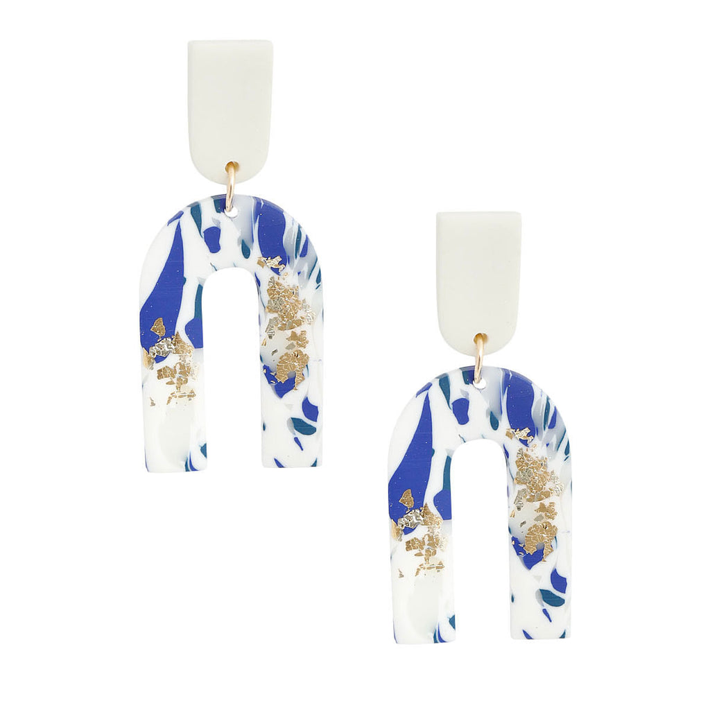 U Drop Earrings Blue and White Marbled Clay Stylish Statement Jewelry