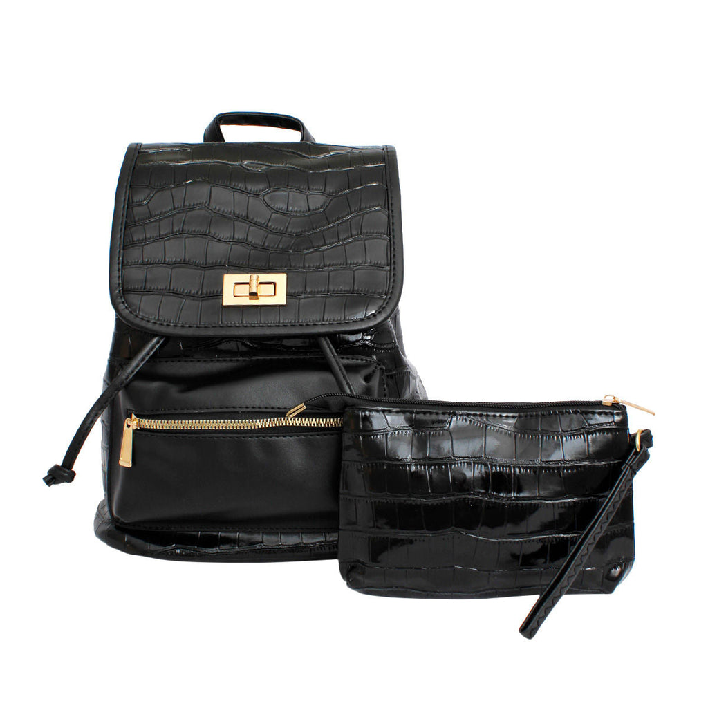Women’s Black Croc Backpack and Flap Bag Set – Stylish Fashion Handbags