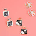 Designer Trio of Opulence Stud Earrings with Flower, Bag, and Perfume Charms – Stylish Statement Jewelry