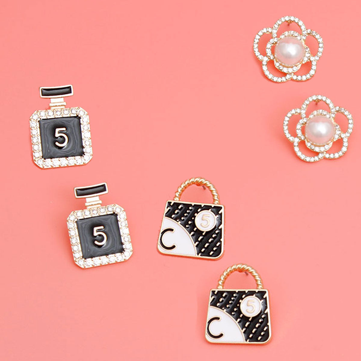 Designer Trio of Opulence Stud Earrings with Flower, Bag, and Perfume Charms – Stylish Statement Jewelry
