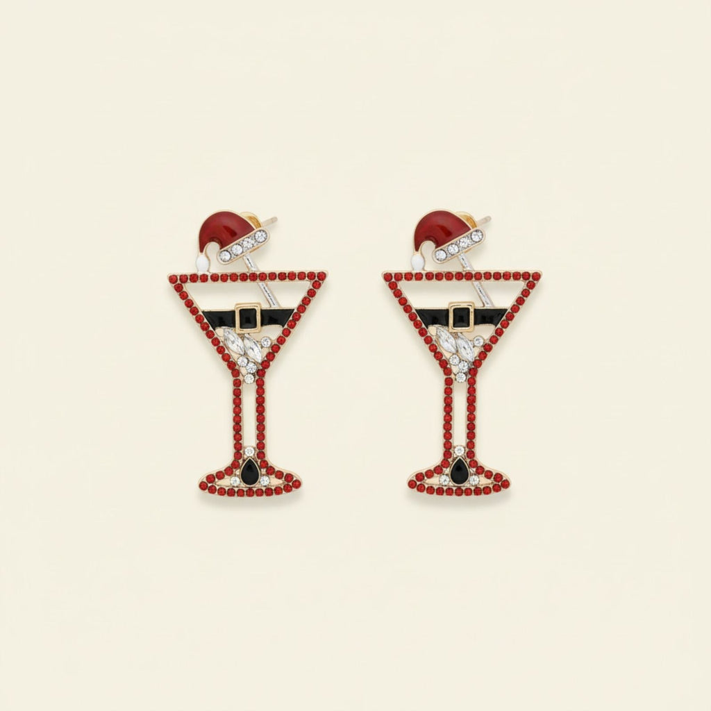 Silver Stud Earrings Red Tipsy Santa Martini Christmas Statement Jewelry