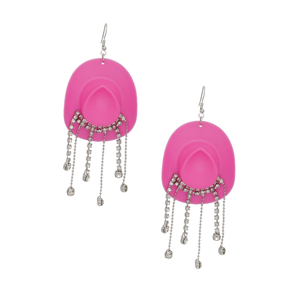 Fringe Fish Hook Earrings Fuchsia Cowgirl Hat Statement Jewelry
