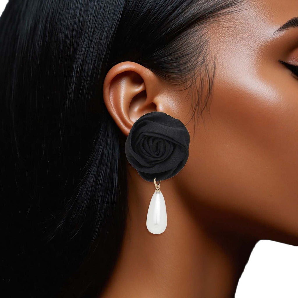 Teardrop Stud Earrings Black Rose with White Pearl Elegant Statement Jewelry