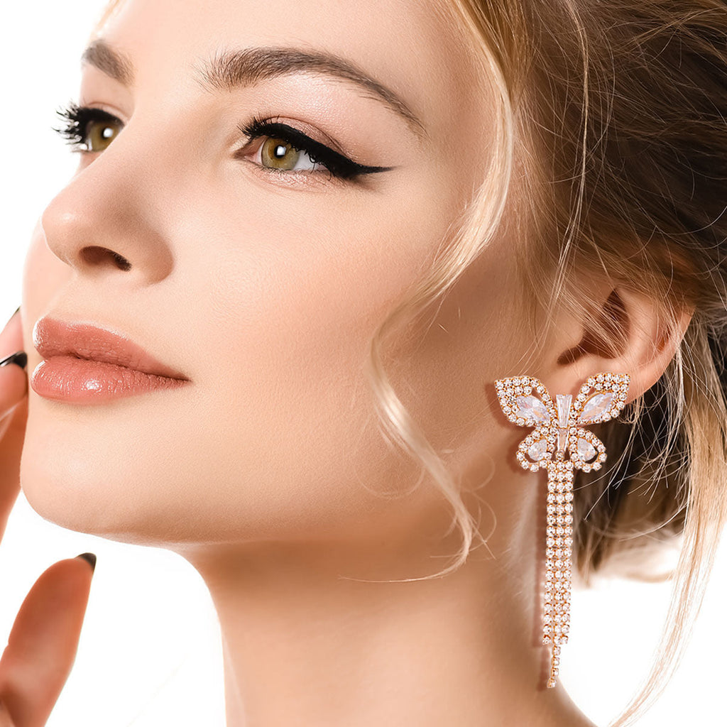 Statement Gold Butterfly Fringe Earrings Stylish Chic Jewelry Accessory