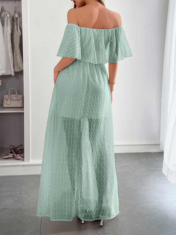 Elegant Strapless Waisted Short Sleeve Long Dress