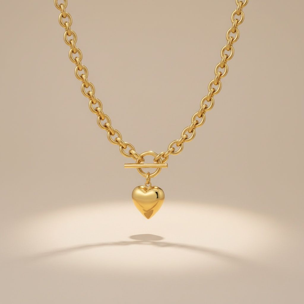 Toggle Heart Rolo Chain Necklace 18K Gold Steel Stylish Statement Jewelry