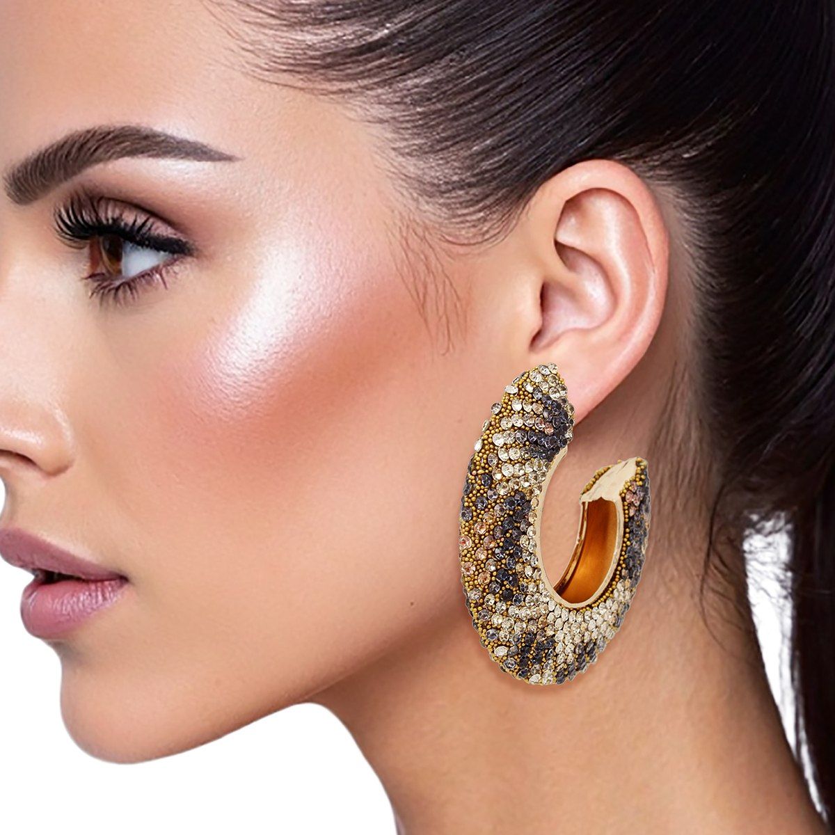 Statement Hoop Earrings with Leopard Pave Rhinestone Embellishment, Stylish and Trendy