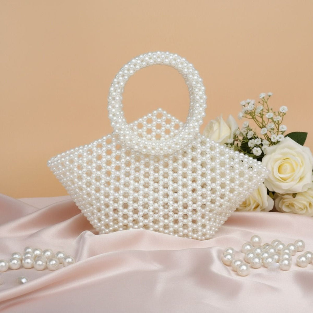 Fashion Handbag Top Handle Trapeze White Pearl Woven Stylish Bag