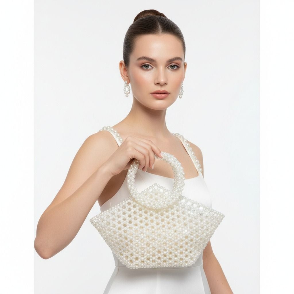 Fashion Handbag Top Handle Trapeze White Pearl Woven Stylish Bag