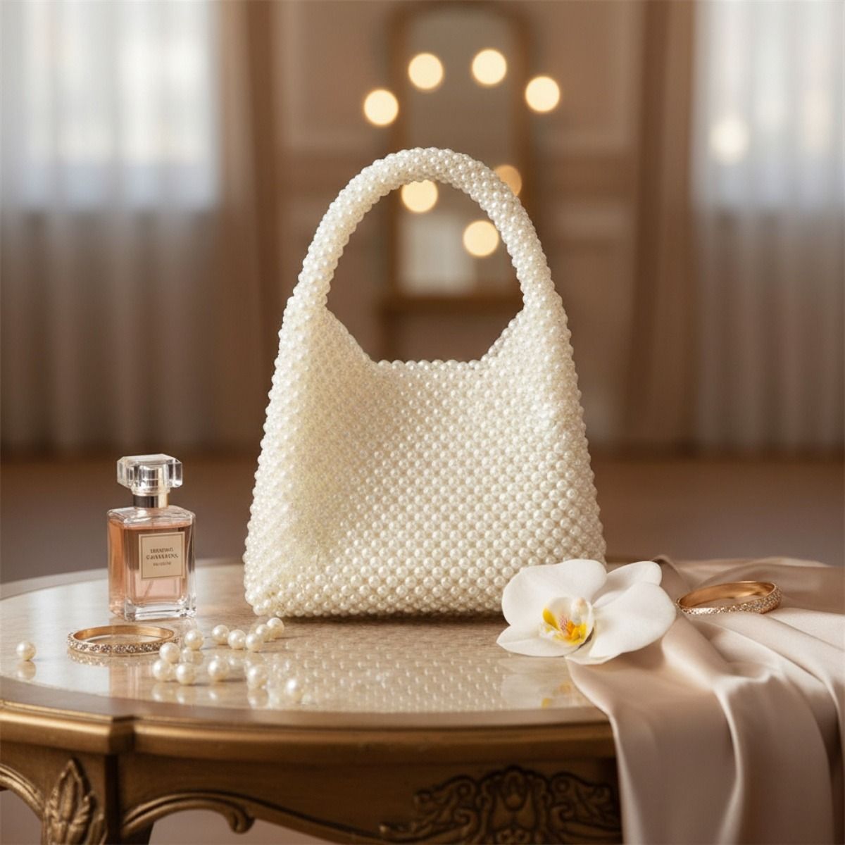 Fashion Handbag Top Handle Luxe Lady Cream Pearl Hollywood Chic
