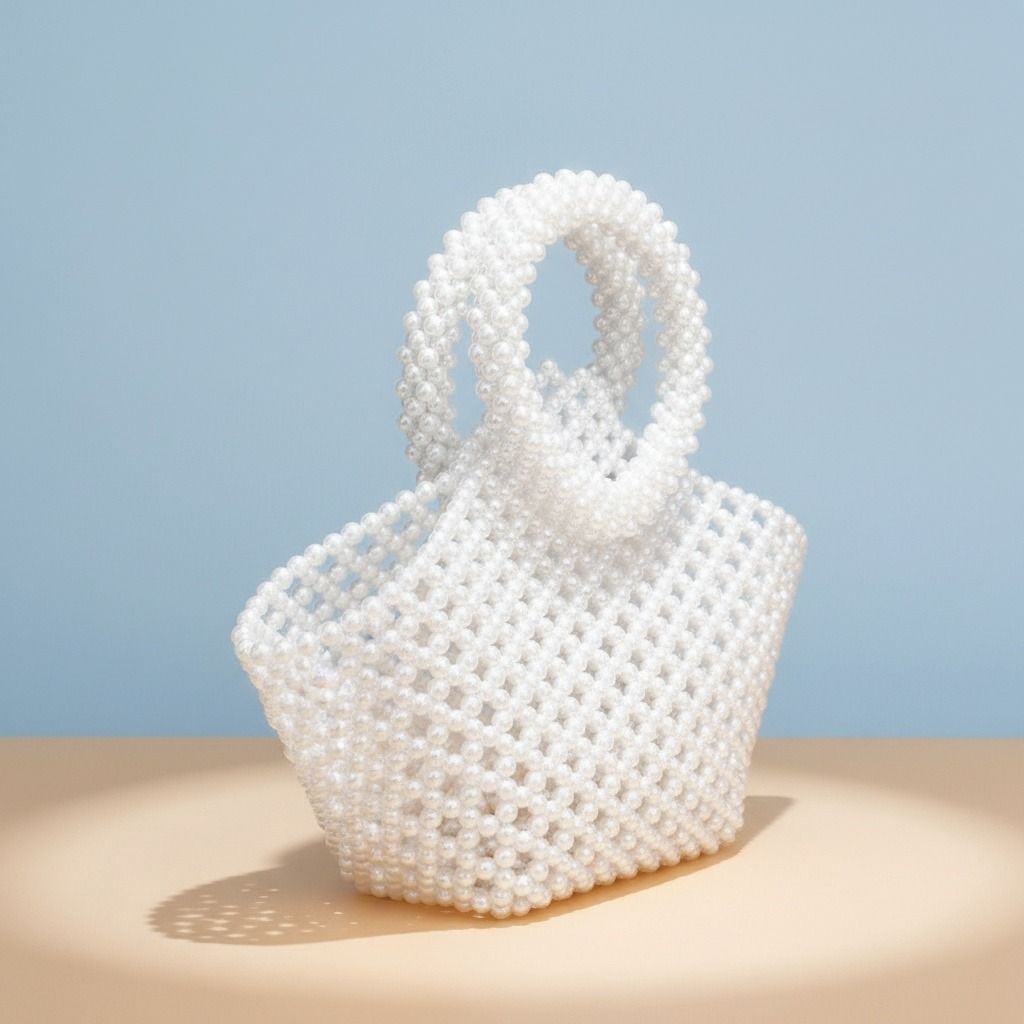 Fashion Handbag Top Handle Trapeze White Pearl Woven Stylish Bag