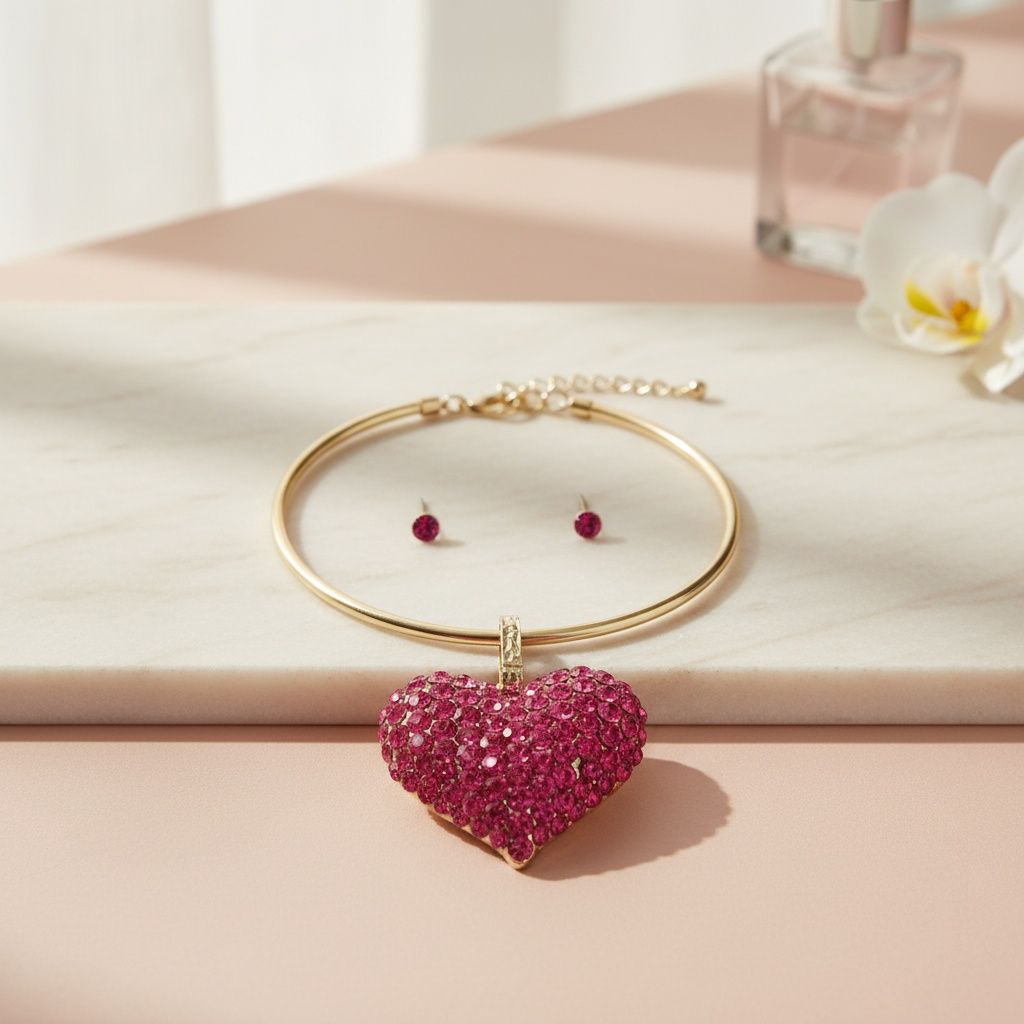 Chunky Statement Necklace with Domed Fuchsia Stone Heart Pendant Stylish Jewelry Accessory