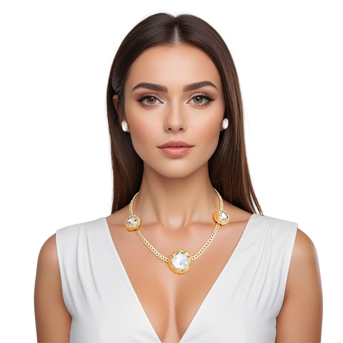 Gold Crystal Double Cut Chain Necklace for Women – Stylish Elegant Jewelry