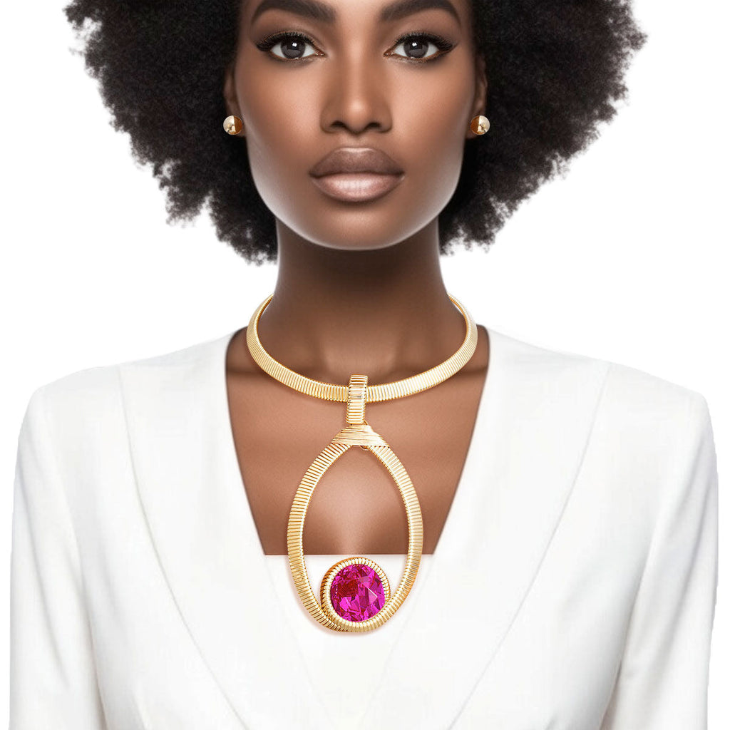 Women’s Statement Choker with Fuchsia Ribbed Oval Pendant Stylish Necklace