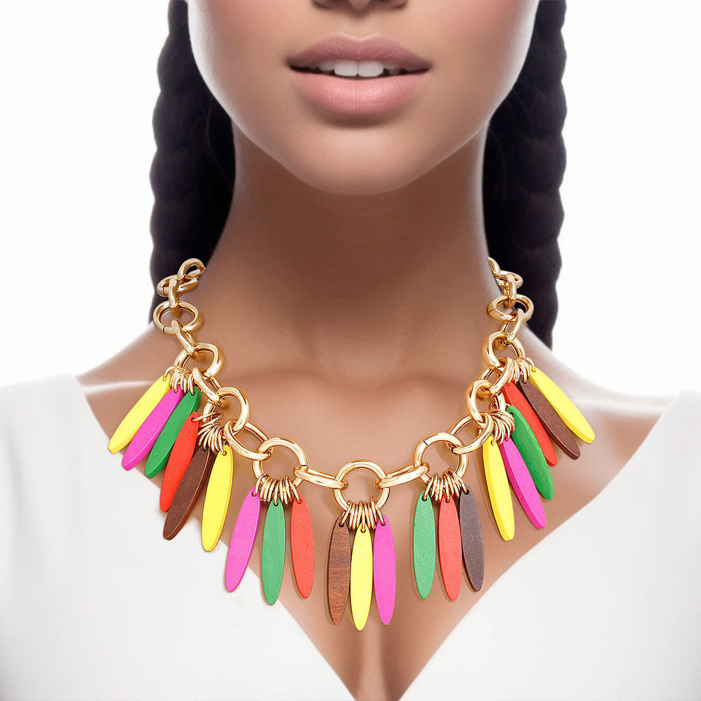 Statement Necklace Tribal Multicolor Wood Fringe for Women Stylish Chic Accessory
