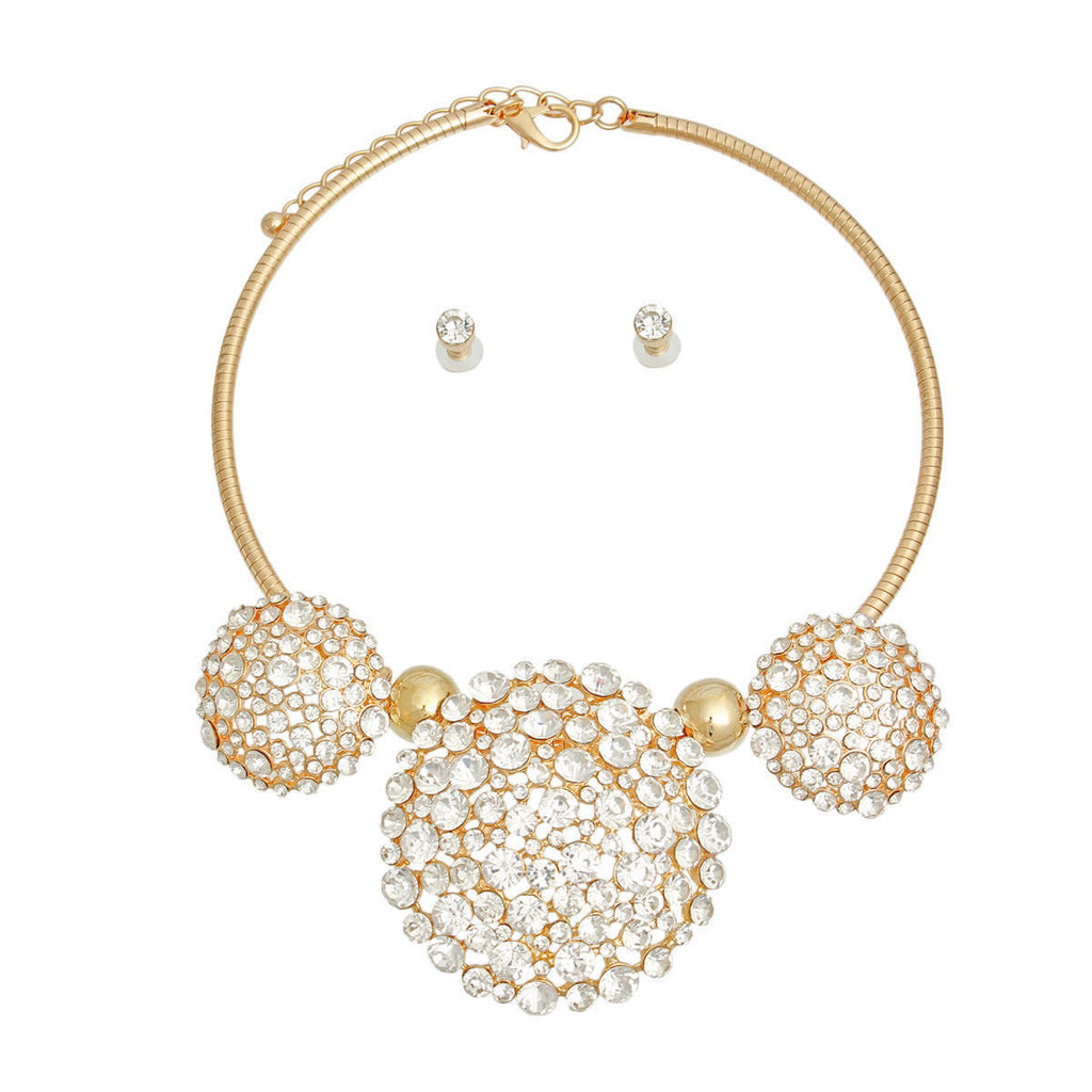 Statement Collar Necklace Gold Triple Rhinestone Dome Cluster Stylish Chic