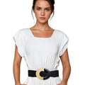 Women’s Wide Black Stretch Belt with Marbled Round Buckle – Stylish Accessory
