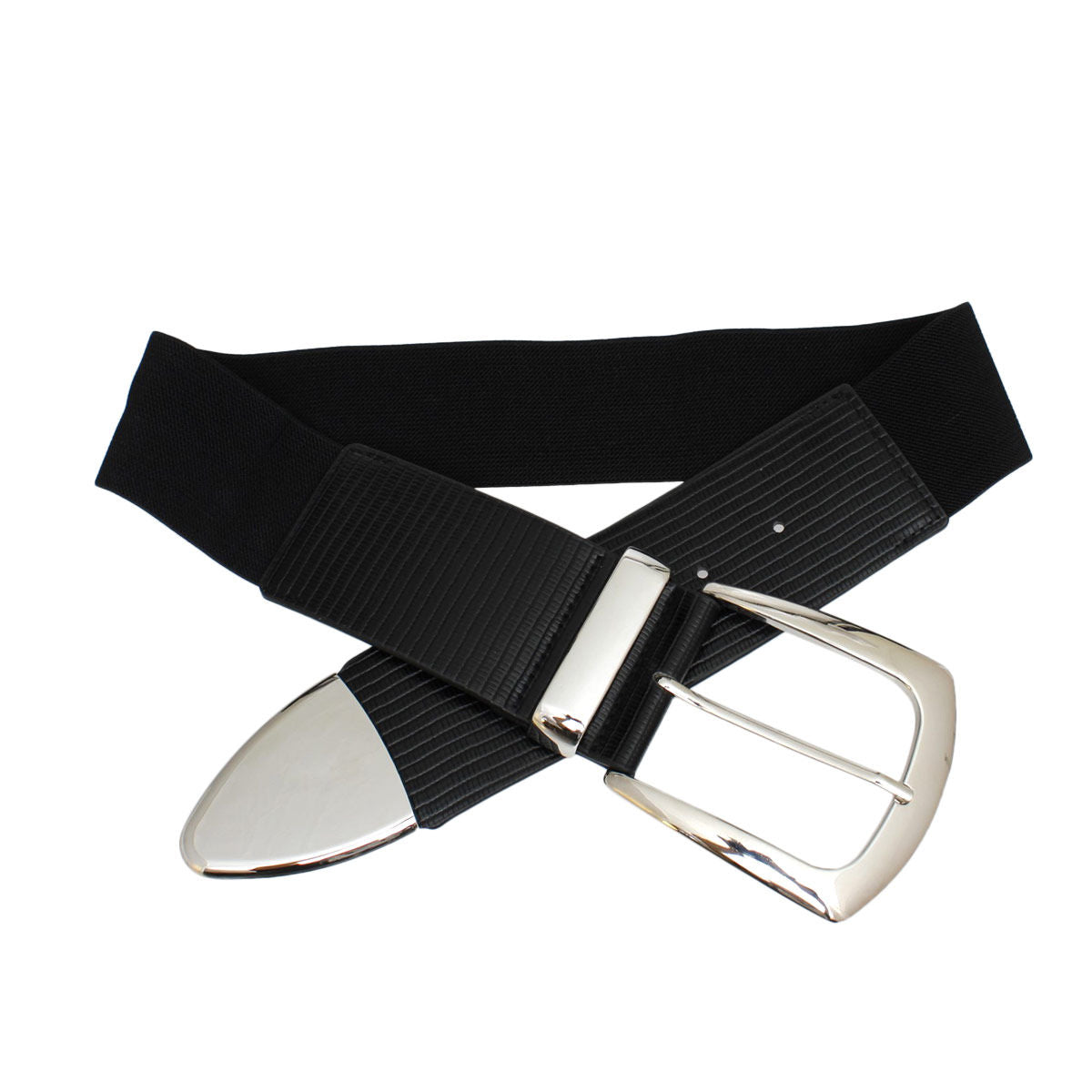 Women’s Wide Black Stretch Belt with Silver Buckle – Stylish Accessory