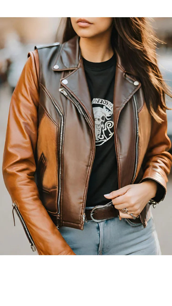 Brown &amp; Dark Brown Biker Racer Leather Jacket for Women, Plus Sizes Too