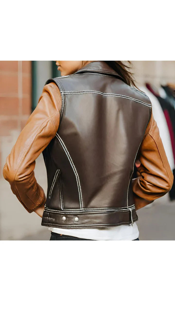 Brown &amp; Dark Brown Biker Racer Leather Jacket for Women, Plus Sizes Too