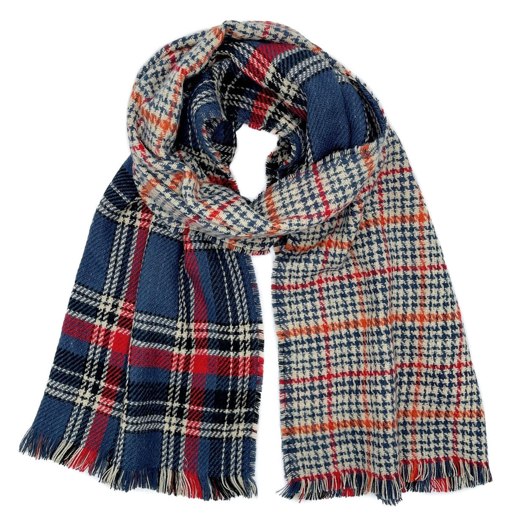 Reversible Navy Plaid Houndstooth Scarf – Stylish Fashion Accessory