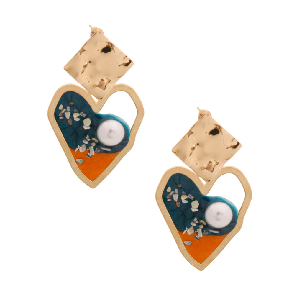 Resin Heart Earrings Gold and Blue Stylish Statement Jewelry