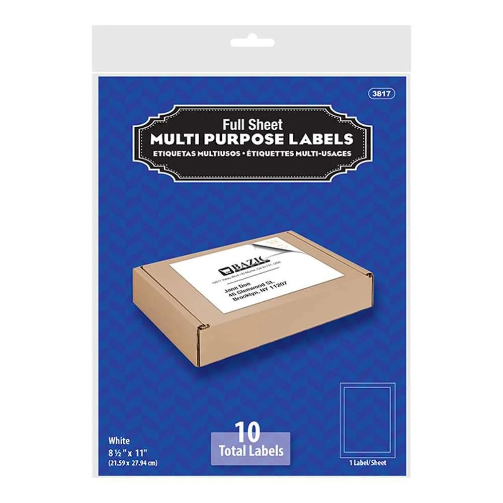 BAZIC White Multipurpose Labels Full Sheet 8.5" X 11" (10/Pack)