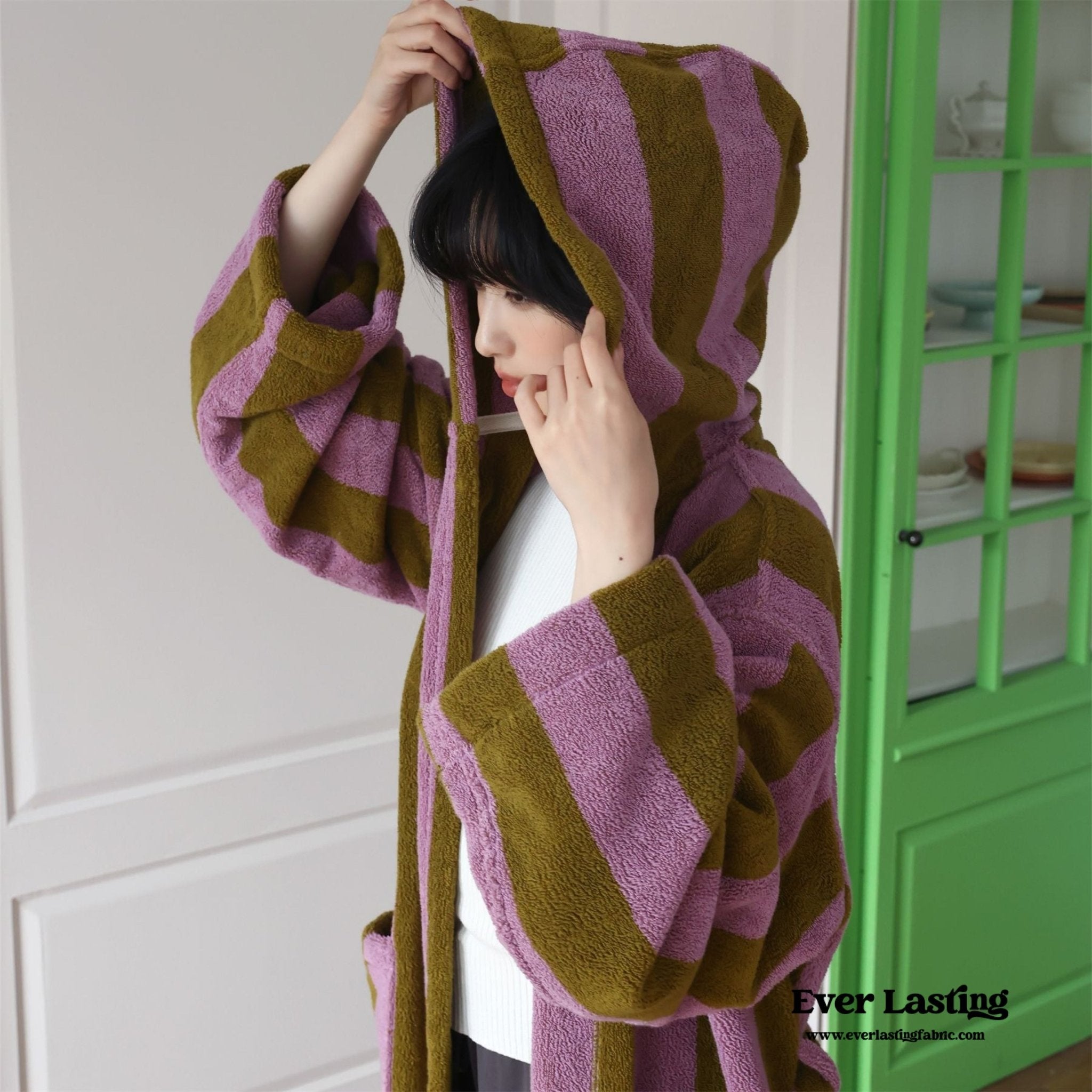 Modern Striped Cotton Bathrobe Set / Blue